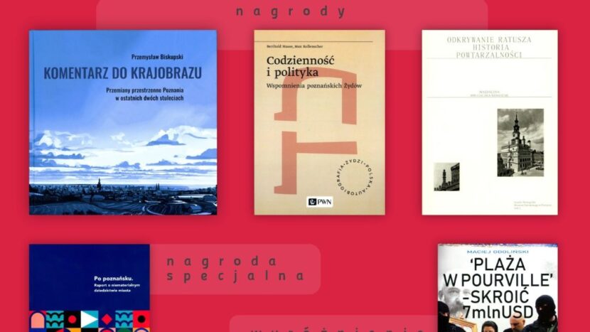 Obrazek do wydarzenia, na malinowym tle okładki nagrodzonych książek