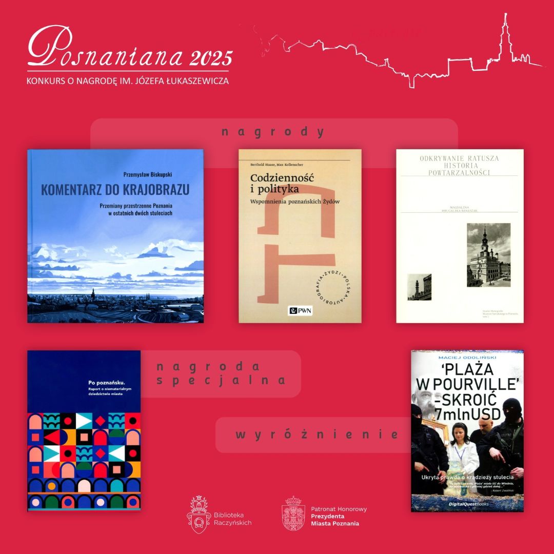 Obrazek do wydarzenia, na malinowym tle okładki nagrodzonych książek