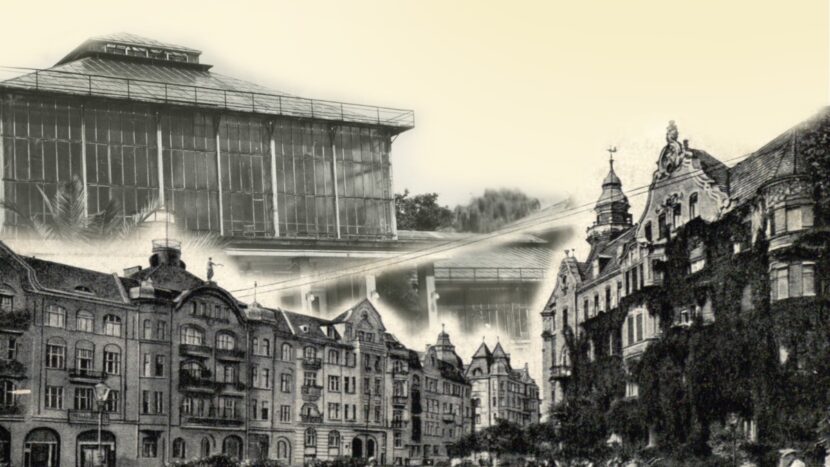 Obrazek do wydarzenia, grafika przedstawia nachodzące na siebie łazarskie budynki, secesyjne kamienice i szklany budynek palmiarni poznańskiej. U dołu kwiecisty ornament.