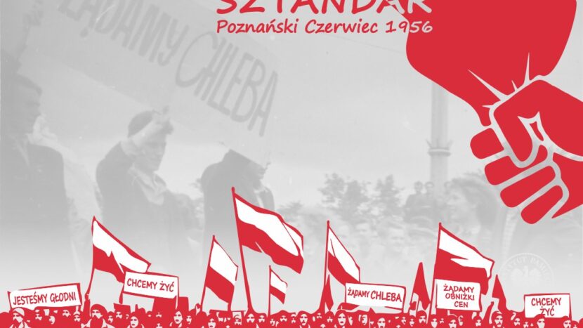 Obrazek do wydarzenia, dwukolorowy rysunek, szaro-czerwony przedstawiający tłum ludzi trzymających biało-czerwone flagi i hasła protestacyjne. W tle autentyczne zdjęcie z protestu. U góry tytuł wystawy podany we wpisie.