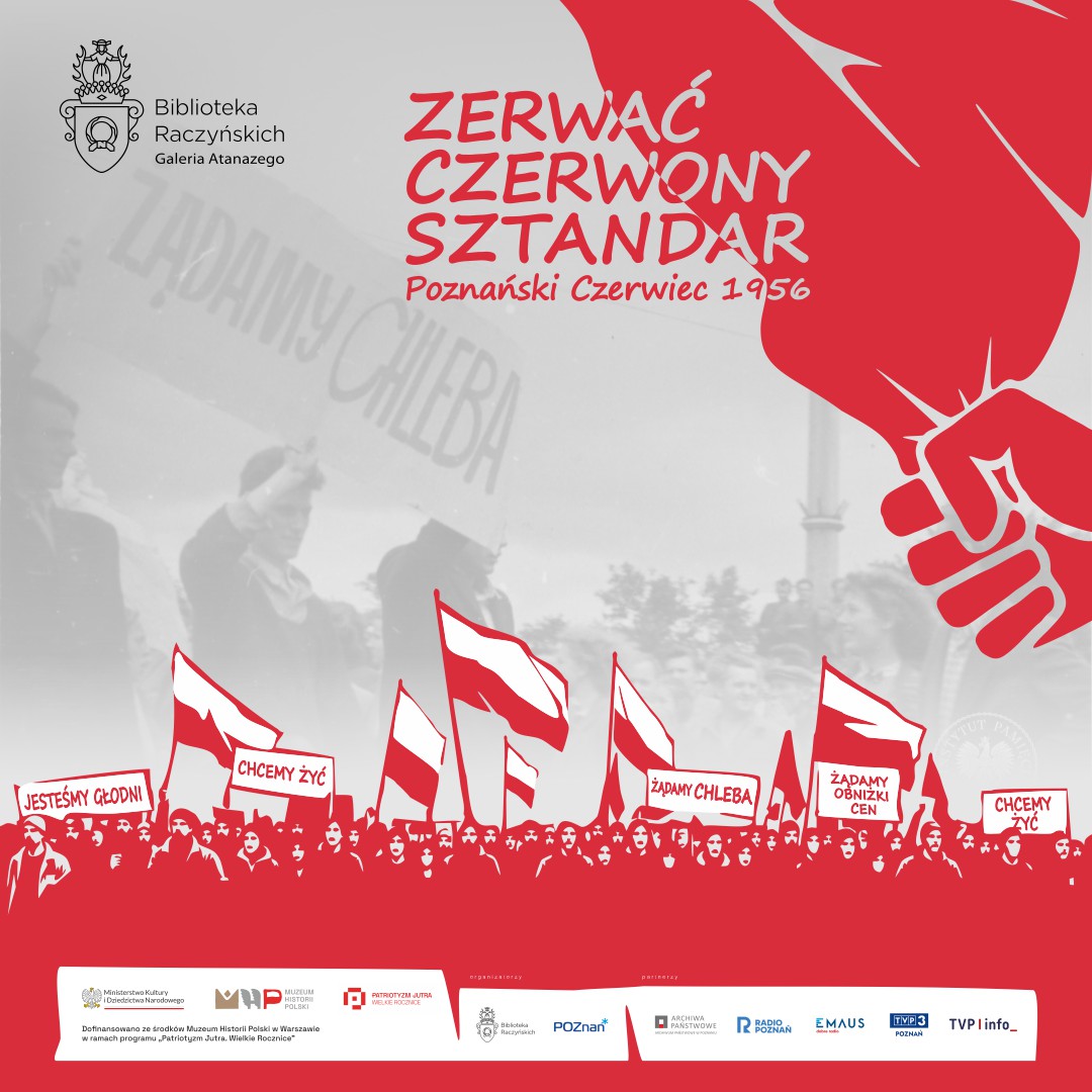 Obrazek do wydarzenia, dwukolorowy rysunek, szaro-czerwony przedstawiający tłum ludzi trzymających biało-czerwone flagi i hasła protestacyjne. W tle autentyczne zdjęcie z protestu. U góry tytuł wystawy podany we wpisie.