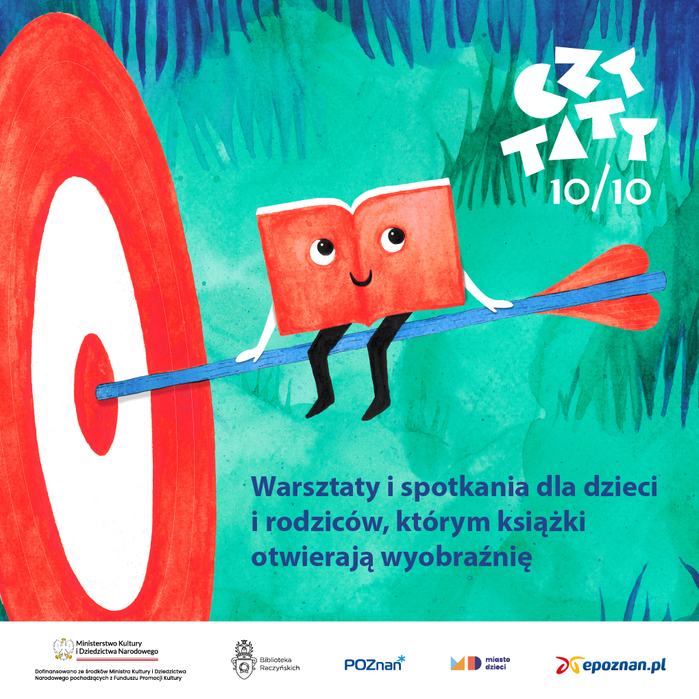 Obrazek do wydarzenia. Rysunek. Na zielono-niebieskim tle z boku obrazka widać tarczę z wbitą strzałą w środek. Na strzale siedzi uśmiechnięty czerwony ludzik w kształcie książki.