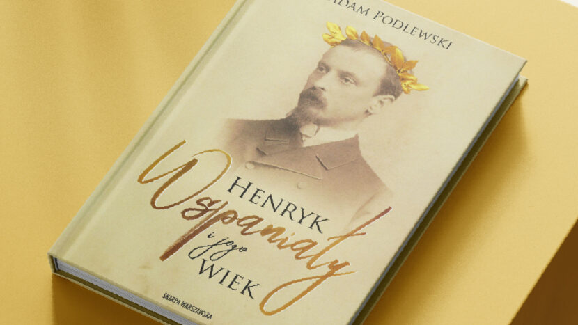 Obrazek do wydarzenia, na żółtym tle książka z wizerunkiem Henryka Sienkiewicza na okładce ze złotym wieńcem laurowym na głowie.