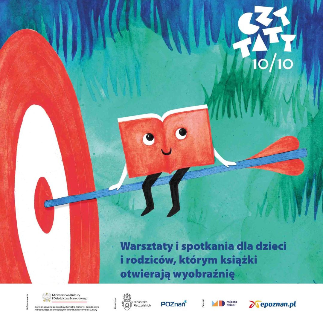 Obrazek do wydarzenia. Rysunek. Na zielono-niebieskim tle z boku obrazka widać tarczę z wbitą strzałą w środek. Na strzale siedzi uśmiechnięty czerwony ludzik w kształcie książki.