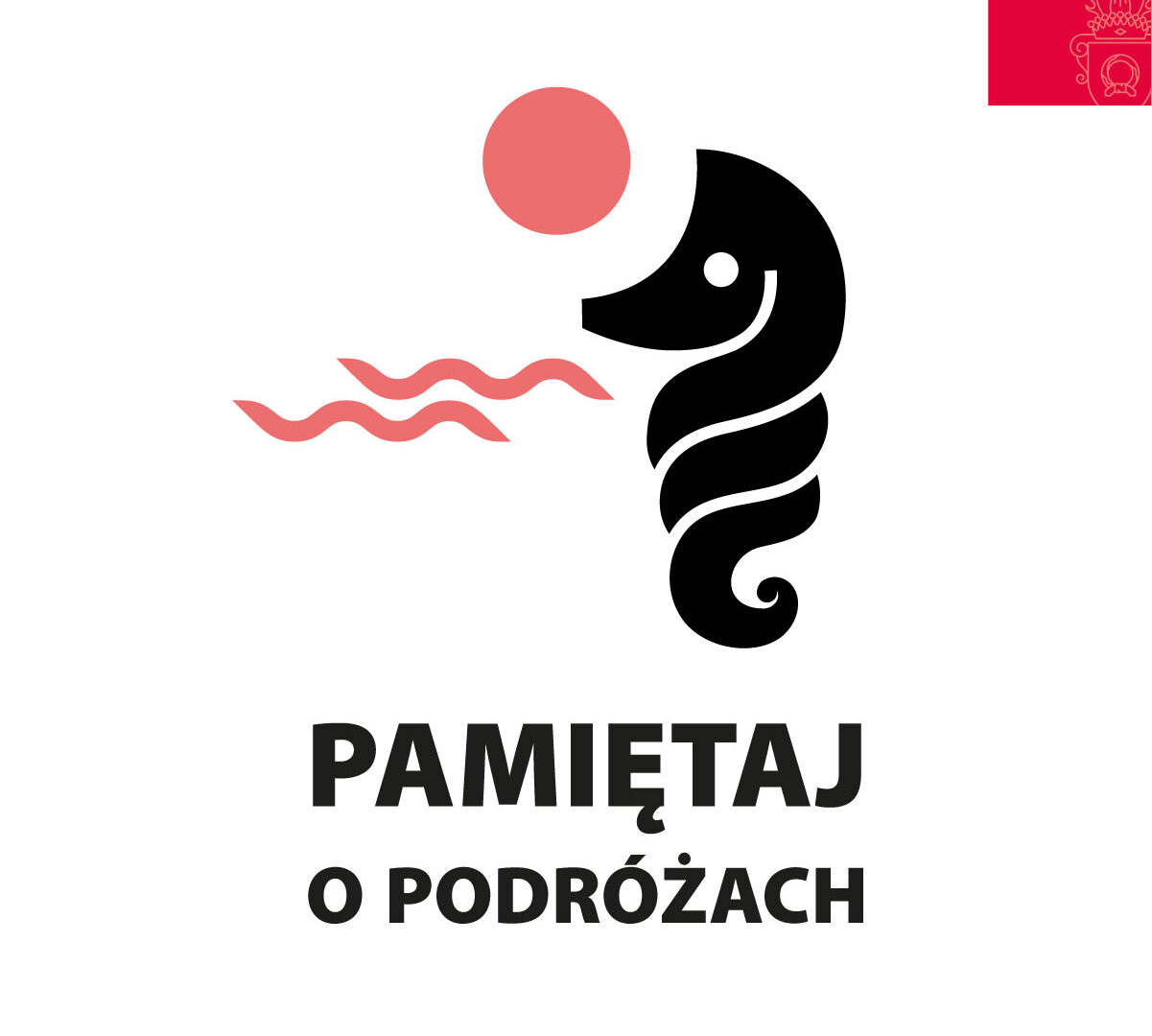 Obrazek do wydarzenia, rysunek konika morskiego w kolorze czarnym, obok bladoczerwone kółko i fale przypominające słońce zachodzące nad morzem.