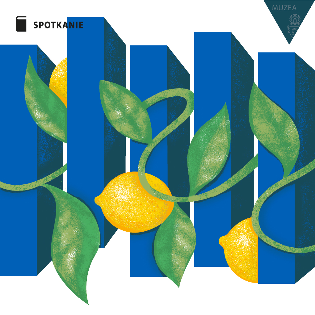 Obrazek do wydarzenia, na tle granatowych pionowych geometrycznych brył narysowane są liście i cytryny.