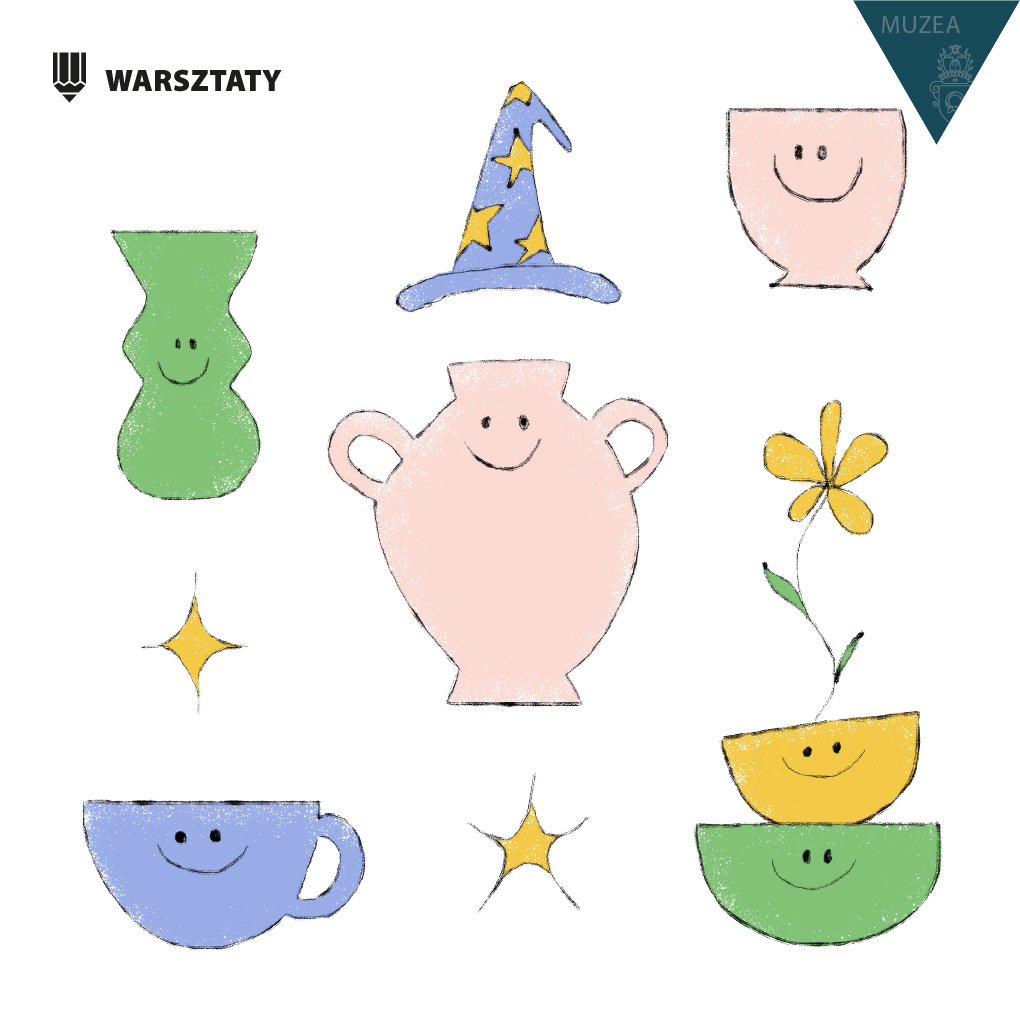Obrazek do wydarzenia. Na białym tle narysowane kolorowe misy, wazy i wazony. Naczynia mają narysowane uśmiechy, nad jednym czapka czarodzieja.