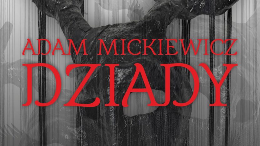 Grafika do wydarzenia, na ciemnoszarym tle z czarnymi pionowymi liniami widać postać z rogami. Na środku czerwony napis Dziady.