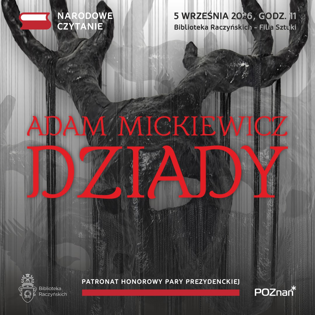 Grafika do wydarzenia, na ciemnoszarym tle z czarnymi pionowymi liniami widać postać z rogami. Na środku czerwony napis Dziady.