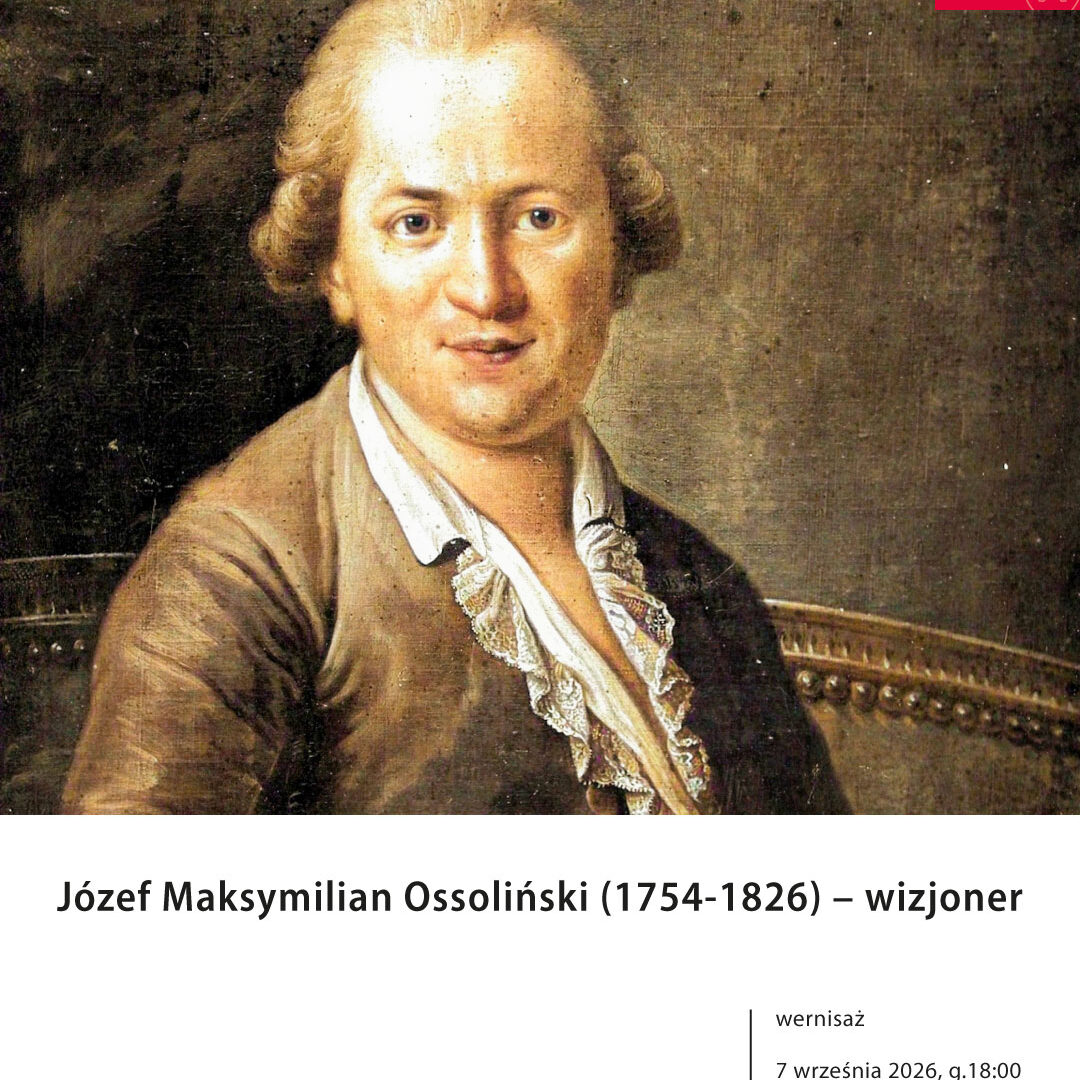 Obrazek do wydarzenia, utrzymany w tonacji sepii wizerunek Józefa Ossolińskiego z ok. osiemnastego wieku. Mężczyzna ma dłuższe włosy, nad uszami loki, ubrany w białą koszulę z falbaną.