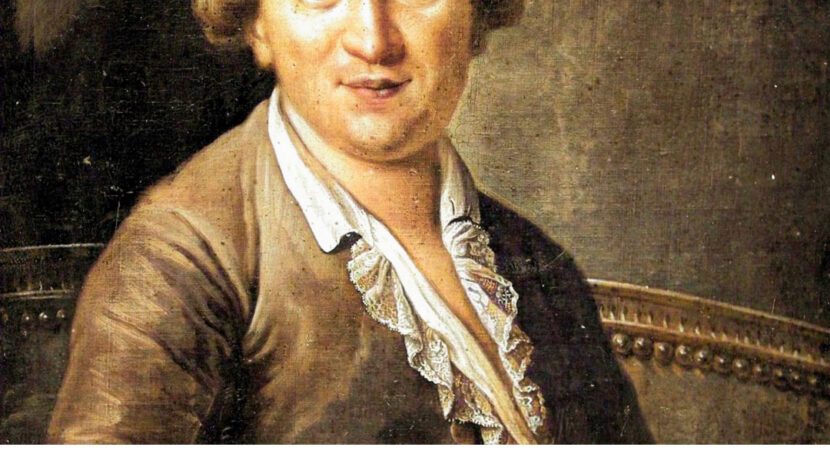 Obrazek do wydarzenia, utrzymany w tonacji sepii wizerunek Józefa Ossolińskiego z ok. osiemnastego wieku. Mężczyzna ma dłuższe włosy, nad uszami loki, ubrany w białą koszulę z falbaną.