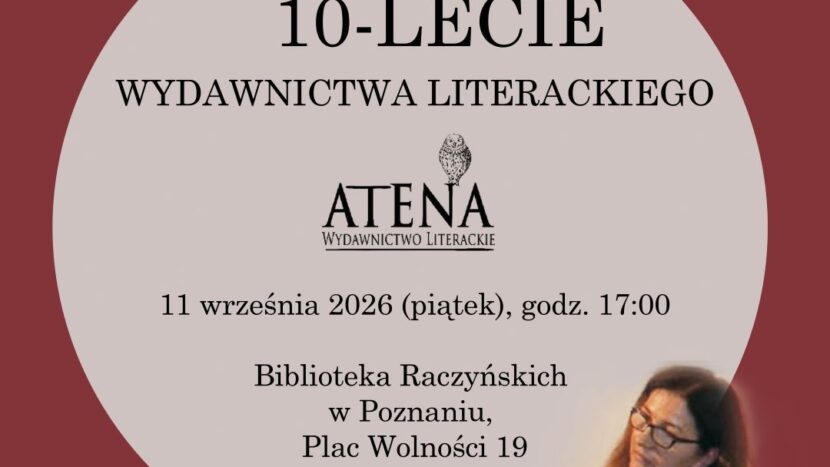Na bordowym tle informacje o spotkaniu i zdjęcie autorki.