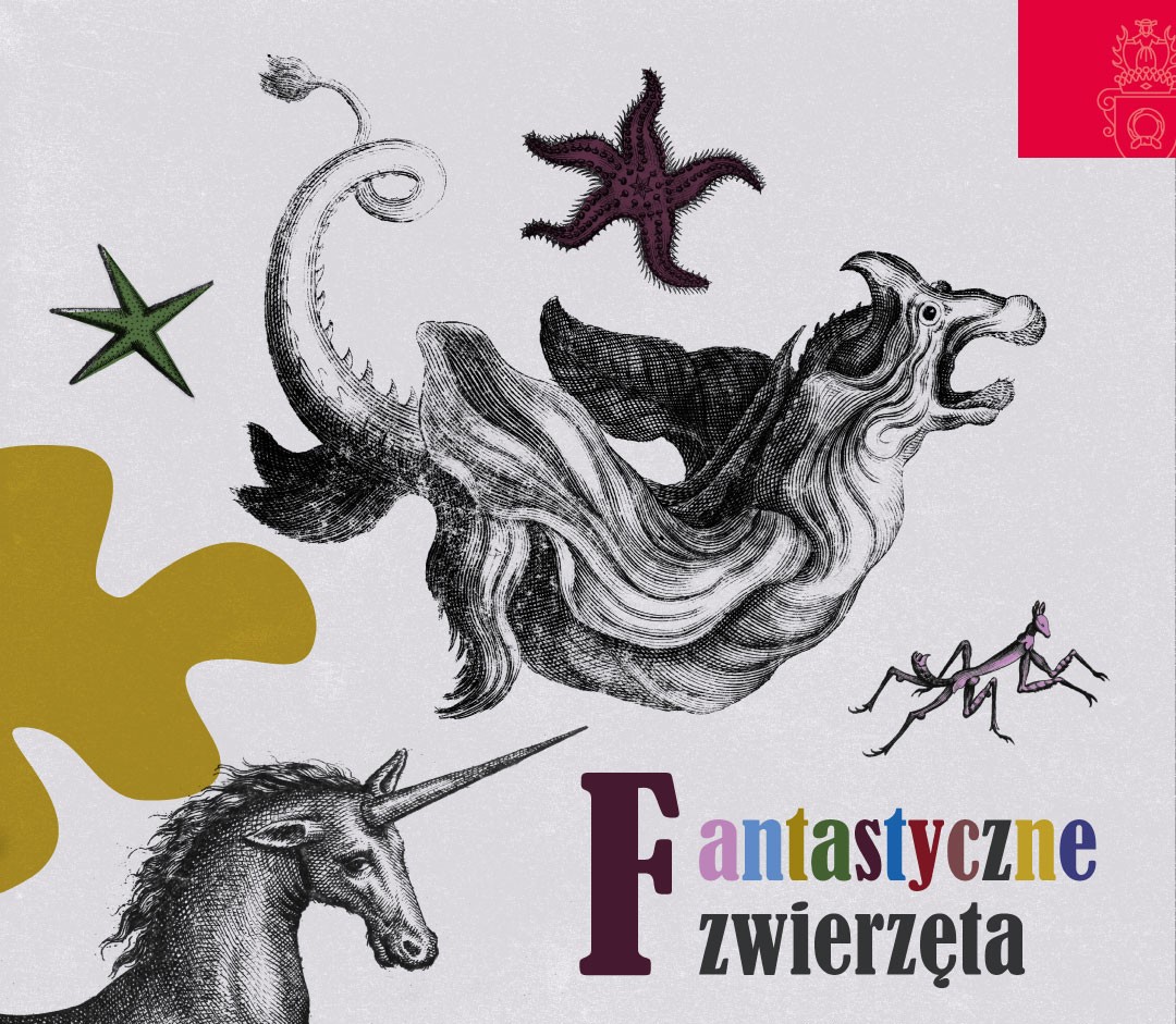 Obrazek do wydarzenia. Na popielatym tle rycina ze zbiorów Biblioteki Raczyńskich przedstawiająca dziwne latające zwierzę. U dołu jednorożec i nazwa fantastyczne zwierzęta.