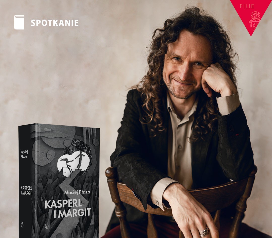 Obrazek do wydarzenia, na fotografii autor, mężczyzna z długimi włosami, opiera głowę o dłoń, obok okładka książki.