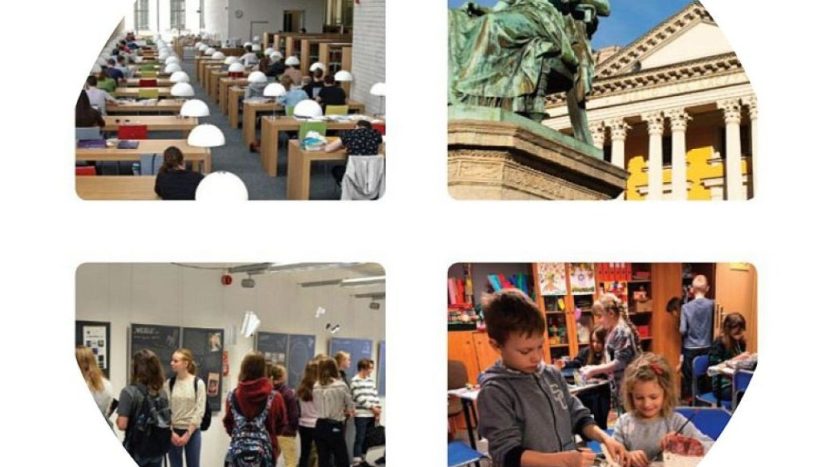 Obrazek do wpisu, kolaż zdjęć z Biblioteki Raczyńskich, z czytelni, zajęć dla dzieci, galerii i pomnika przed budynkiem.