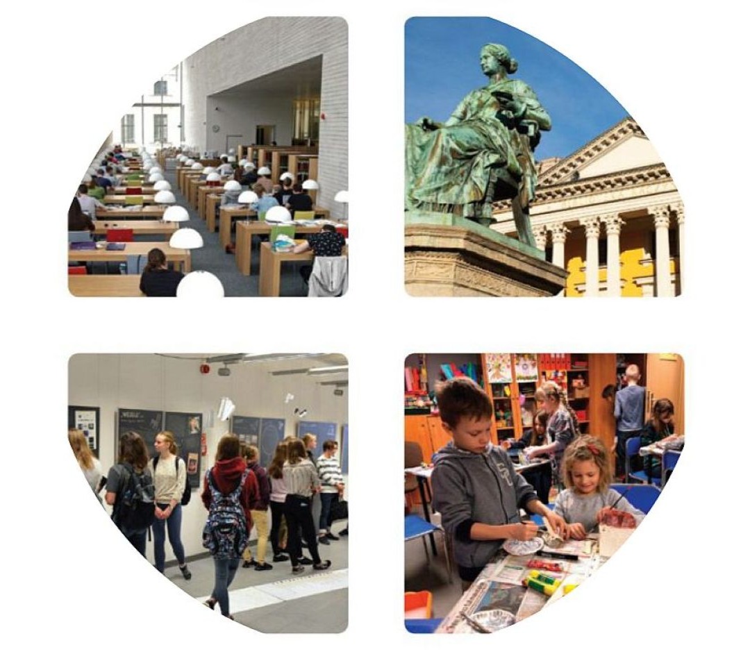 Obrazek do wpisu, kolaż zdjęć z Biblioteki Raczyńskich, z czytelni, zajęć dla dzieci, galerii i pomnika przed budynkiem.