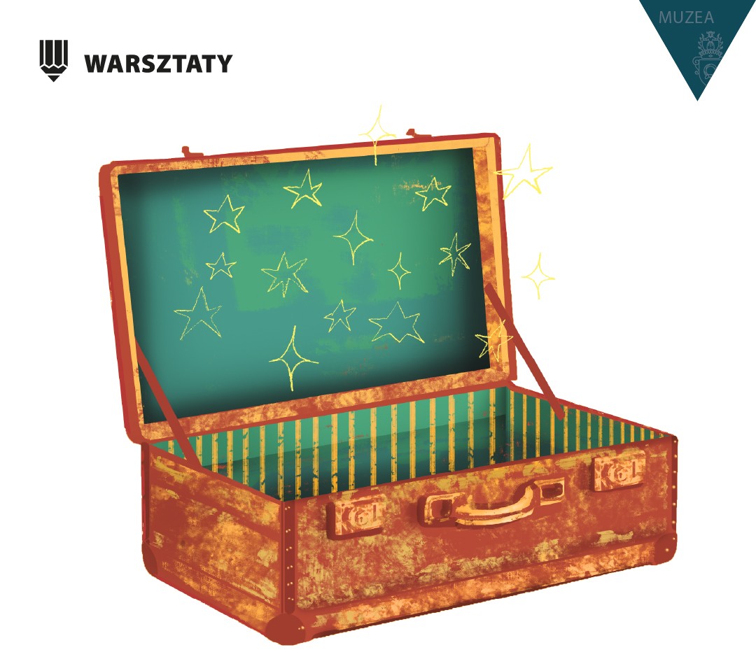 Obrazek do wydarzenia, rysunek kufra wyściełanego turkusowym materiałem.