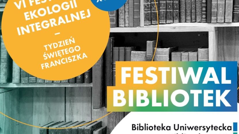 Obrazek do wydarzenia, fotografia regału z książkami, żółte koło z napisem nazwy festiwalu
