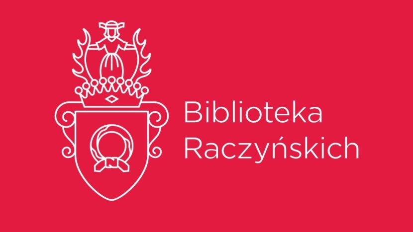Logo Biblioteki Raczyńskich, biały herb i napis na malinowym tle