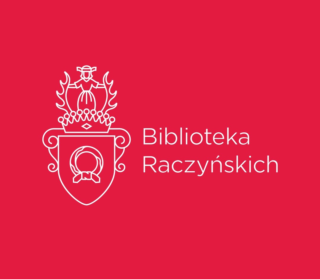 Logo Biblioteki Raczyńskich, biały herb i napis na malinowym tle