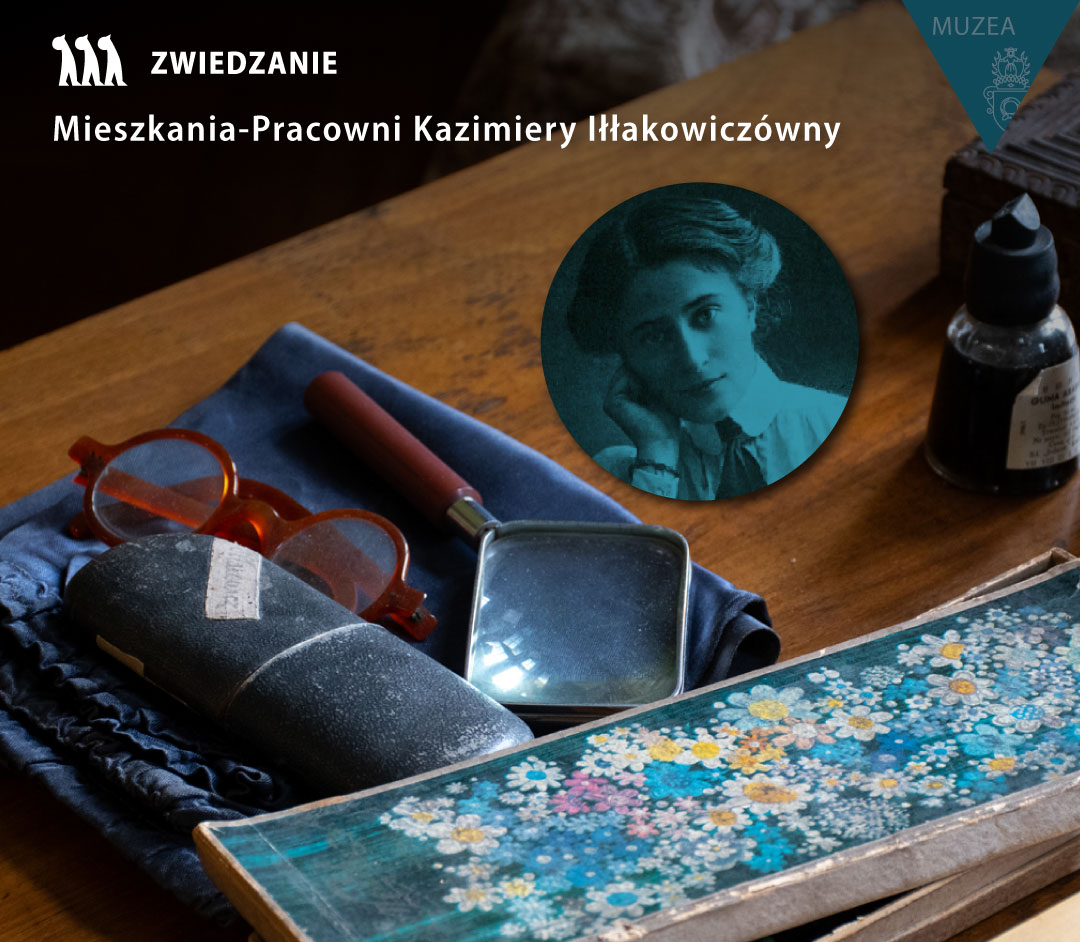Obrazek do wydarzenia, fotografia fragmentu biurka, na nim między innymi lupa, okulary, etui. W kółku fotografia poetki.