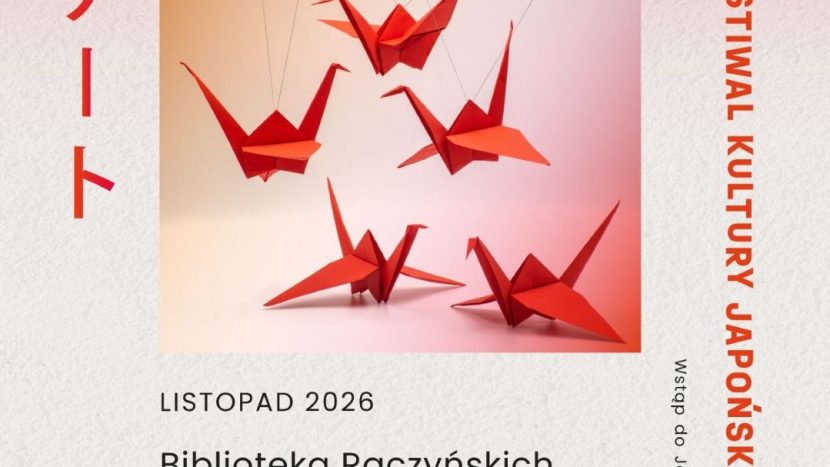 Obrazek do wydarzenia. Na bladym tle pięć czerwonych obiektów z origami przypominających ptaki i dinozaury