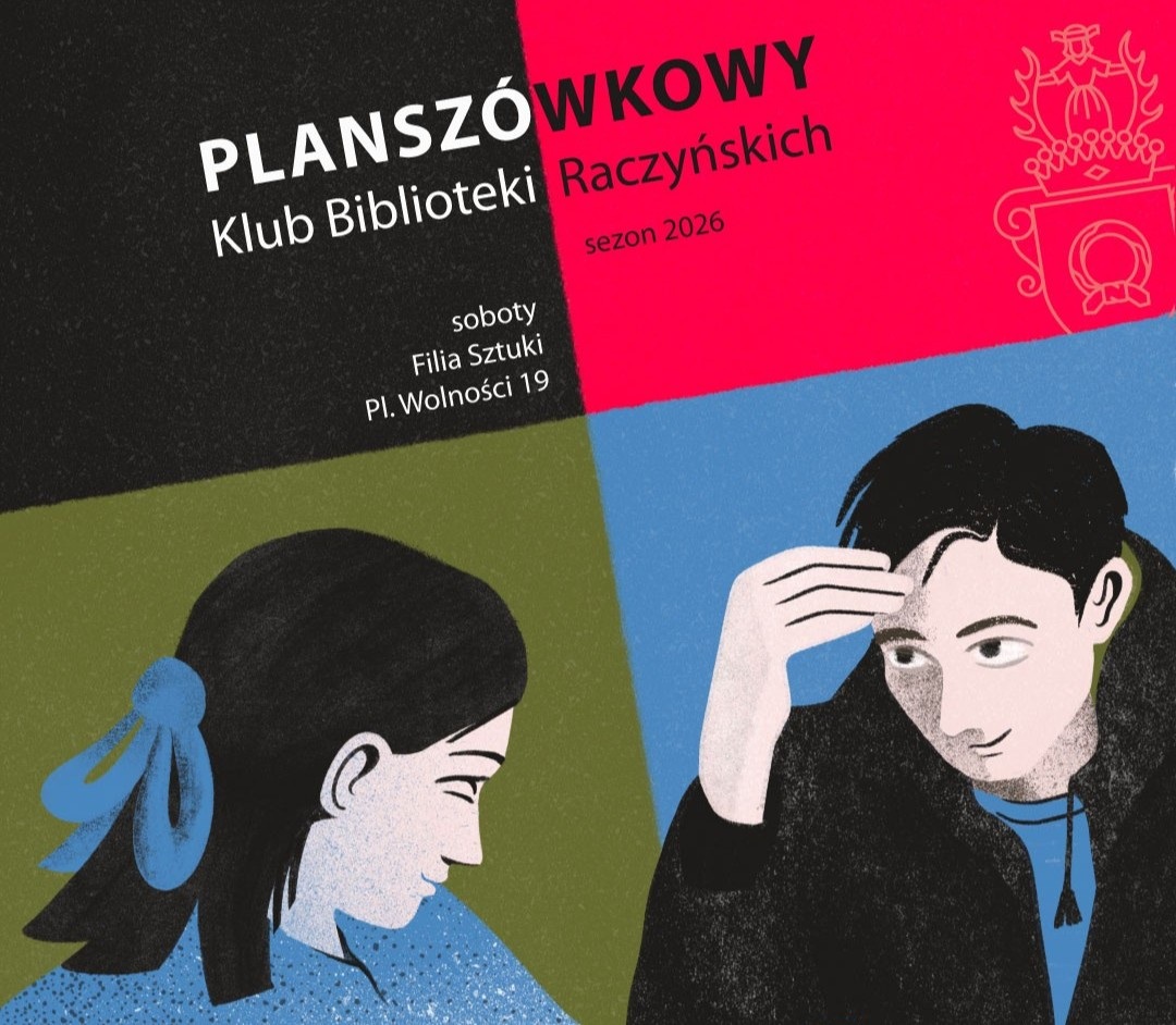 Obrazek do wydarzenia, na kolorowym, złożonym z kwadratów tle, rysunek dziewczyny i chłopca pochylonych nad stołem, na którym leżą pionki i kostka do gry, grają w karty.